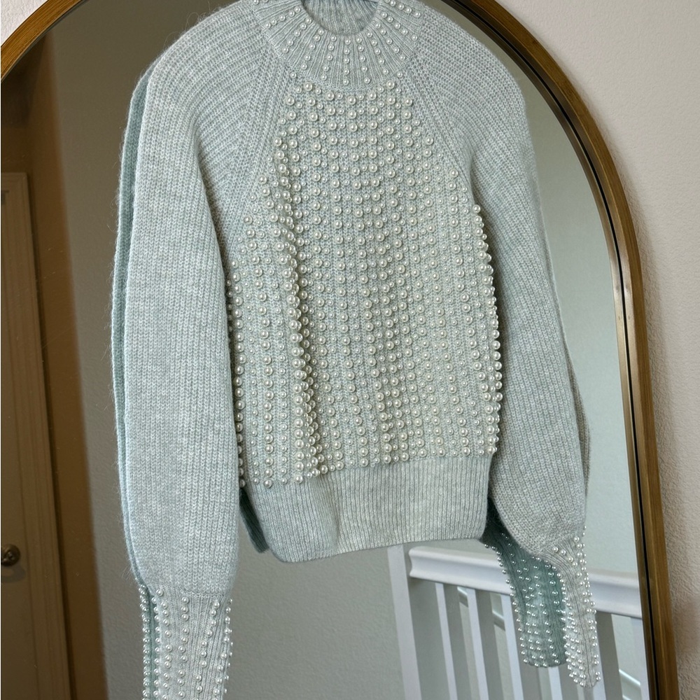 H&M light sage Crew Neck Sweater with Cable Knit Design
